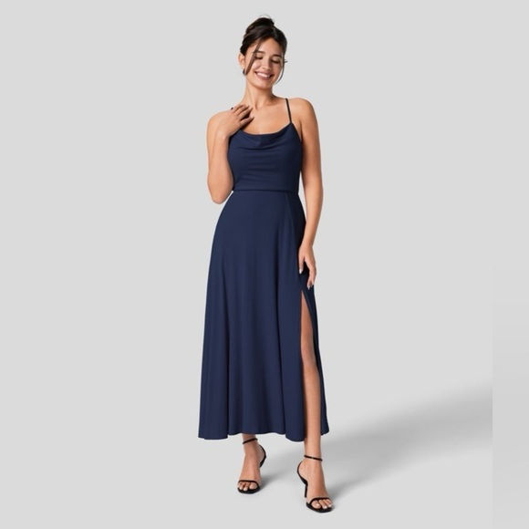 HALARA navy blue sleeveless lace up back midi dress with slit - Picture 2 of 10